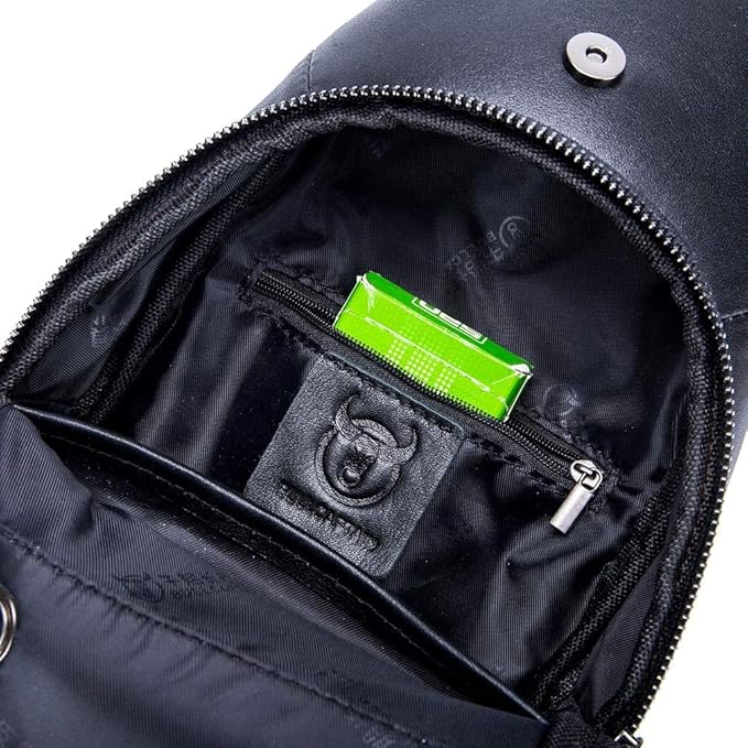KPYWZER Genuine Leather Sling Backpack with USB Charging Port Chest Bag Outdoor Hiking Travel Daypack Black