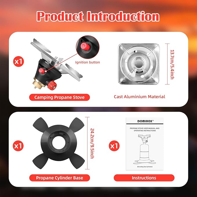 DOMINOX Portable Propane Camping Stove with Button Starter, 10,000 BTU Burner Propane Stove, Backpacking Stove with Precise Temperature Control for Camping & Hiking (Propane Tank Not Included)