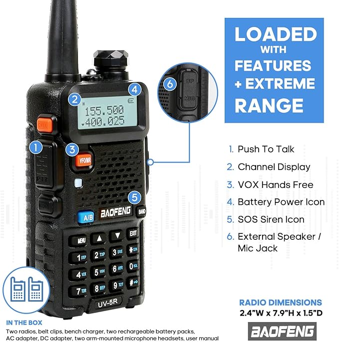 BAOFENG Radio UV-5R 2Pack with 3800mAh Extended Battery and USB Charger Cable, Rechargeable Handheld Ham Radios Long Range (VHF & UHF) with High Gain Antenna and Programming Cable (2Pack)