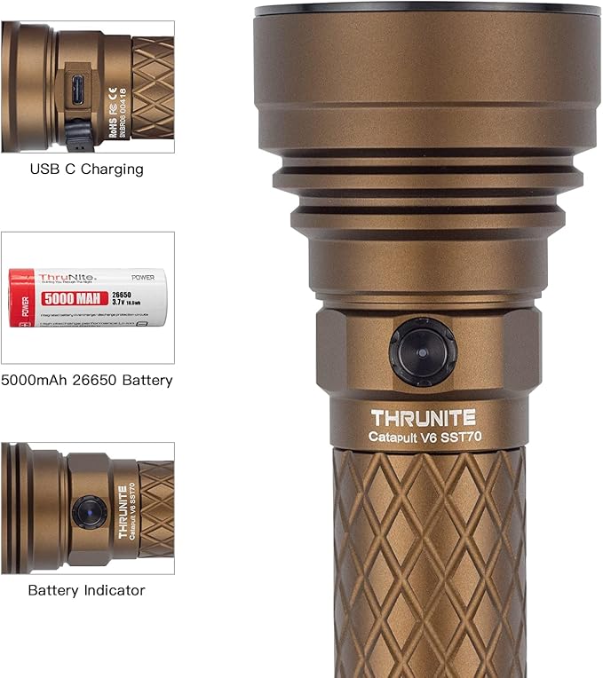 ThruNite Catapult V6 Rechargeable Search Flashlight SST70 LED, Outdoor Spotlight for Hunting, Camping, Hiking (Desert Tan Cool White)
