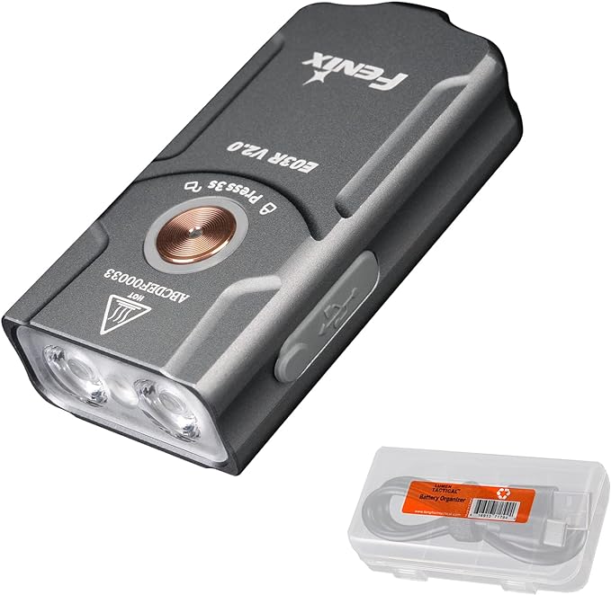 Fenix E03R v2.0 Keychain Flashlight, Grey, 500 Lumen Bright USB-C Rechargeable EDC with Red LED and Lumentac Organizer (Grey)