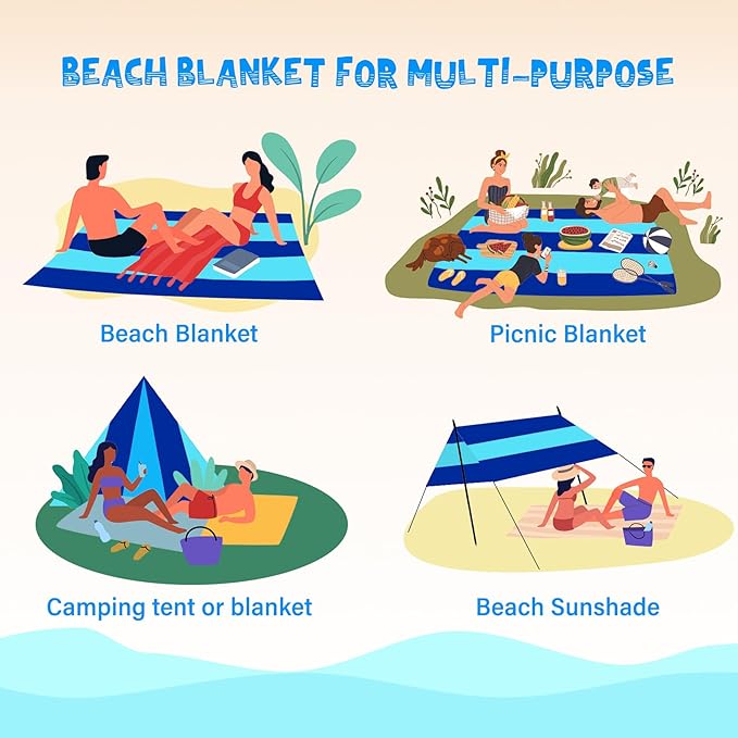 Beach Blanket Waterproof Sandproof 1-7 Adult Oversized 78 '' × 81 '' Lightweight Durable Compact Sand Free Beach Mat for Travel Camping Hiking Picnic Blanket