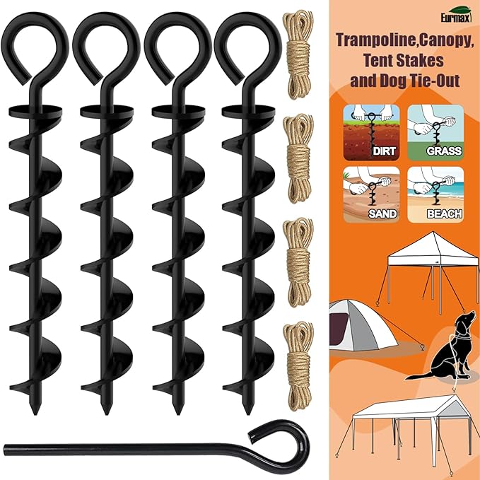 Eurmax USA Canopy Tent Stakes Dog Tie Out Stakes Corkscrew Shape Steel Trampoline Stakes with Iron Rod Installation Tool & 4 Wind Ropes - Set of 4 (Black)