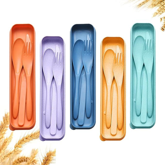 Reusable Travel Utensils Set with Case, 5 Sets Wheat Straw Portable Plastic Fork Spoons Knife Camping Cutlery, Eco-Friendly BPA Free Lunch Tableware for Kids Adults Travel Picnic Utensils