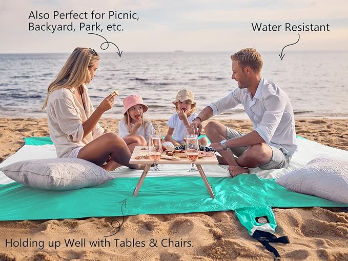 WEKAPO Beach Blanket Sandproof, Extra Large Beach Mat, Big & Compact Sand Free Mat Quick Drying, Lightweight & Durable with 6 Stakes & 4 Corner Pockets