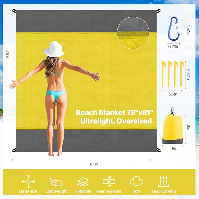 EASYFUN Beach Blanket Sandproof Oversized, 79''×83'' Extra Large Beach Mat, Portable Picnic Mat for Travel Camping Hiking, Lightweight Beach Essentials Family Water Resistant Mat Nylon 210T