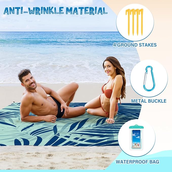 Beach Blanket Waterproof Sandproof 1-7 Adult Oversized 78 '' × 81 '' Lightweight Durable Compact Sand Free Beach Mat for Travel Camping Hiking Picnic Blanket Extra Large