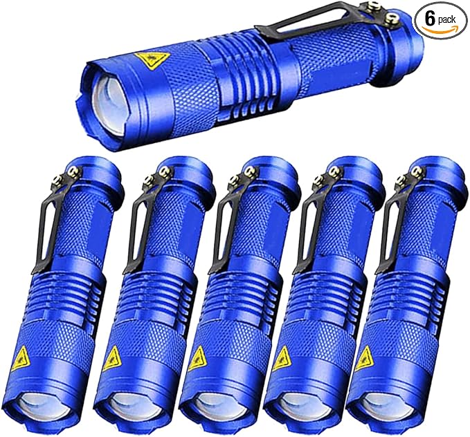 MODOAO 6 Pack,7W 300LM SK-68 3 Modes Mini Light Black Q5 LED Tactical Flashlight, LED Mini Flashlights,Adjustable Focus Zoomable Tactical Flashlight for Camping Hiking Emergency(Blue