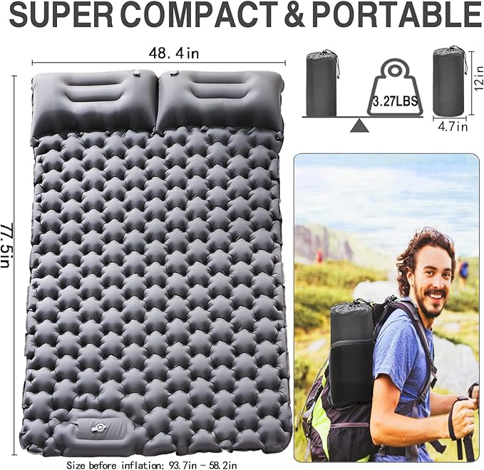 Camping Sleeping Pad,Camping Mattress 2 Person with Pillow Built-in Pump,Portable Sleeping Bed Compact for Camping Hiking Backpacking Outdoor(Grey-Full)
