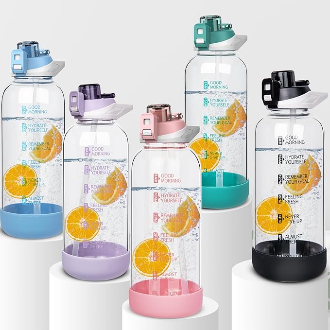 48 oz Large Sports Glass Water Bottle with Straw & Time Marker, Motivational Daily Glass Drinking Bottle with Strap for Fruit Infused Water, Smoothie, Coffee