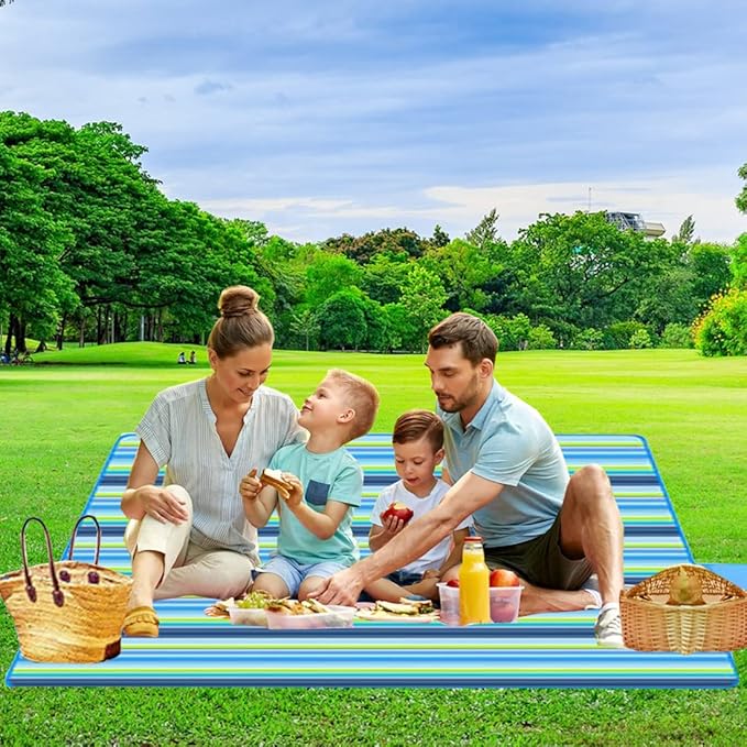 K Y KANGYUN Beach Blanket Outdoor Picnic Blanket Mat 80"x60" Extra Large Waterproof Sand Proof Camping Blanket Lightweight Folding Portable Travel Blanket for Family Park Beach Grass (Blue Line)