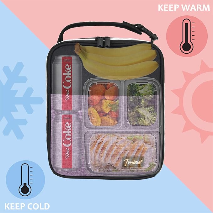 Tirrinia Small Insulated Lunch Bag for Men Women, Splash Proof Mini Portable Reusable Thermal Lunch Box Cooler Tote for Adults & Kids, Black & Purple