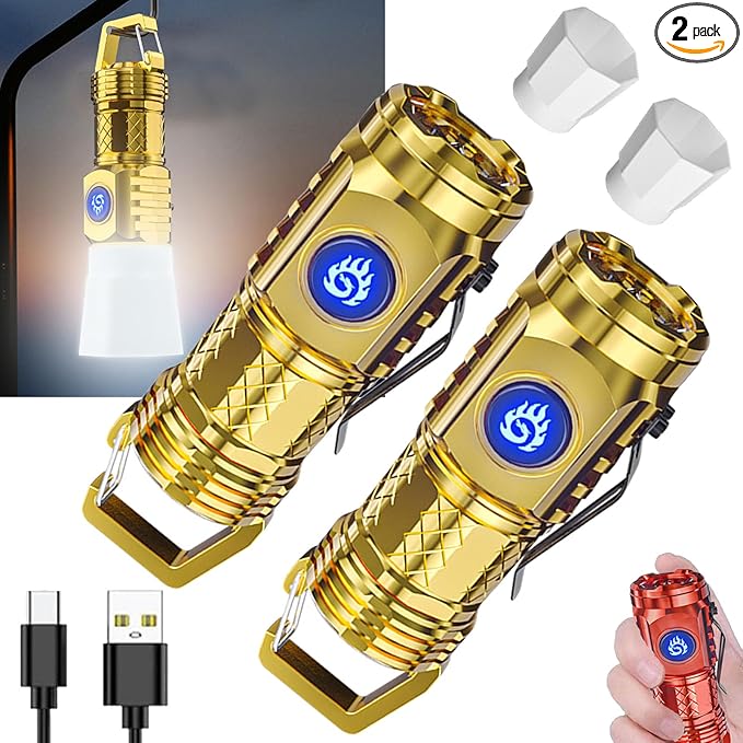 German Three-eyed Monster Mini Flashlight Thumb Flashlight, Mini Flash Super Power Flashlight, Multi-Functional Mini Pen Clip Flashlight Light Steel High Lumen Rechargeable Waterproof (Gold)