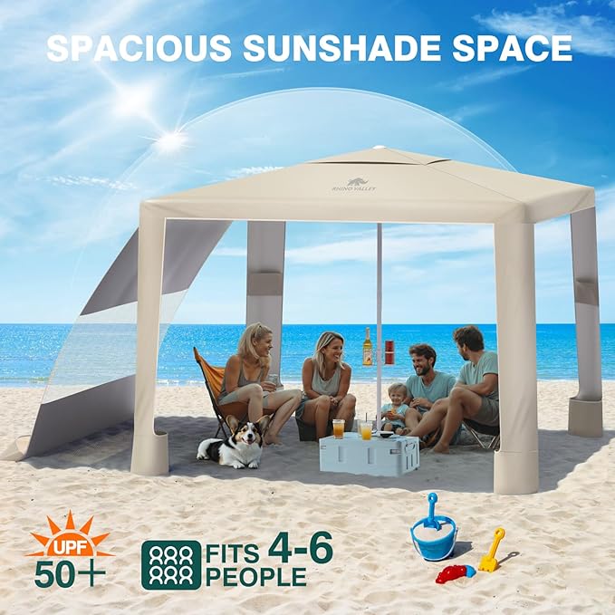Rhino Valley Beach Cabana, 8 × 8FT Foldable Beach Tent with Cup Holder, Beach Canopy Easy Setup with UPF50+ Protection, Windproof Stable Beach Tent, Portable Beach Cabana Tent for Beach Camping
