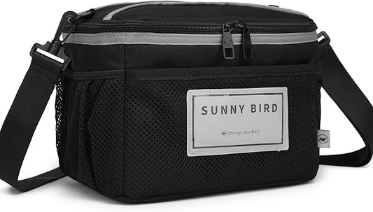 SUNNY BIRD Insulated Lunch Bag with Foldable and Leakproof Design, Thermally Insulated, Shoulder Strap for Women, Men and Teen (Black 002)