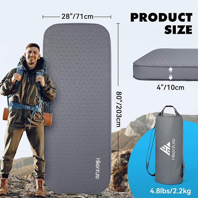 Hikenture 4" Thick Self Inflating Sleeping Pad with Electric Pump, Ultralight Foam Camping Mattress, 9.5 R-Value Insulated Sleeping Mat, Portable All Season Camping Pad for Tent, Car, Cot