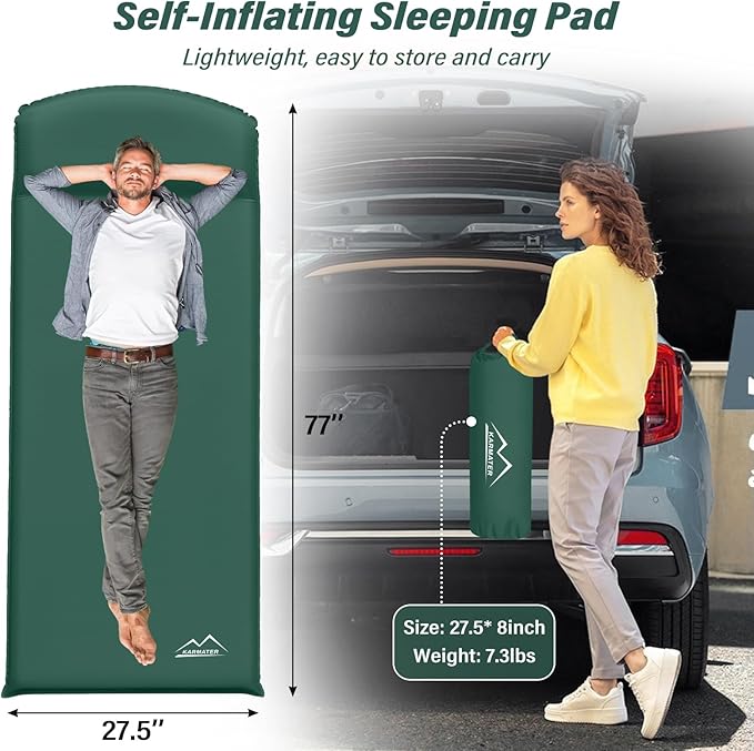 Self Inflating Sleeping Pad for Camping - 3.1" Thick Foam Sleeping Pad with Inflatable Bag, Lightweight Inflatable Camping Mattress Pad for Car Camping Backpacking Hiking Camping Mat(Green)