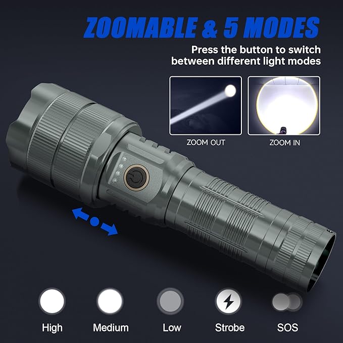 Flashlights High Lumens 900000 LED Rechargeable Tactical Flashlight Zoomable 3 Modes Fast Charging IPX6 Waterproof Super Bright Handheld Flashlights for Camping Hiking Outdoor and Gift