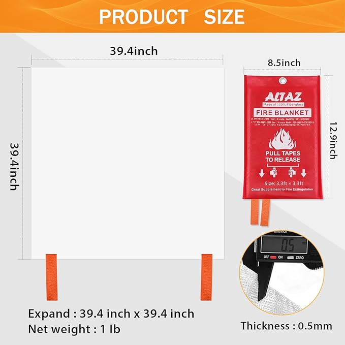 Altaz Fire Blanket Emergency for Home Kitchen - 39.4"x39.4" Flame Suppression Fiberglass Fire Extinguisher for Camping, Grill, Car, Office, Warehouse, Fireplace, Survival, Safety (6 Pack)…
