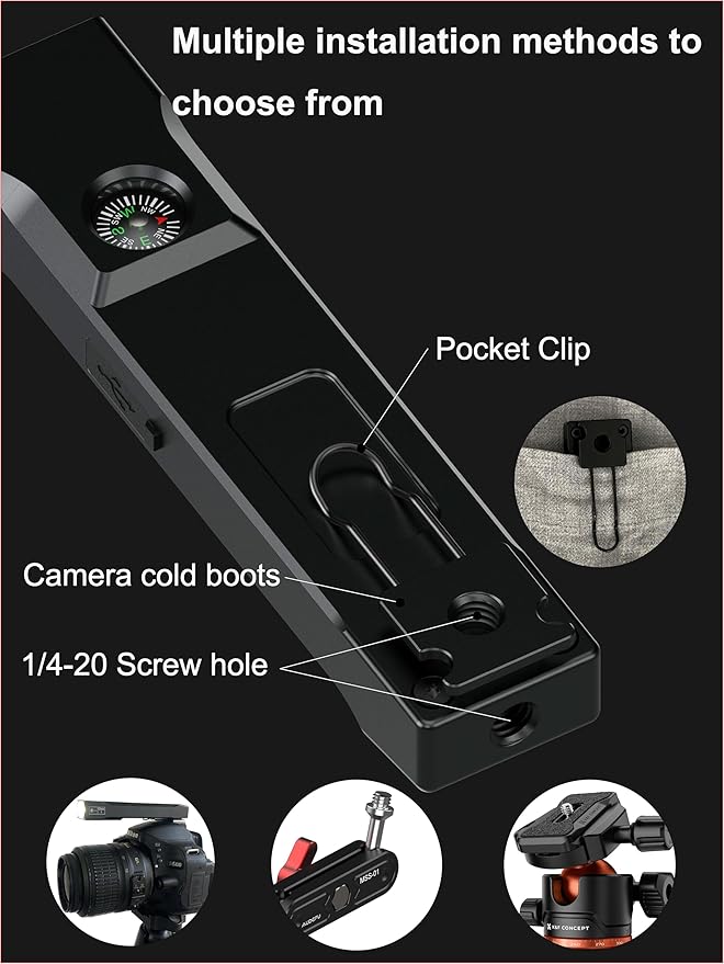 Work Flashlight with Laser Pointer & LED, 1200 Lumens, 5 Modes, Compass, 1/4" Tripod Mount, Cold Shoe, flishlight Pocket Clip – Rechargeable Survival Light for Camping, Hiking, Emergency