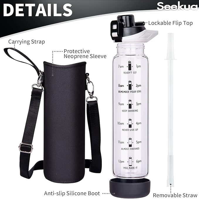 32 oz Sports Glass Water Bottle with Straw and Time Marker, Large Resuable Motivational Glass Drinking Bottle for Infused Water, Fruit, Smoothie, Coffee