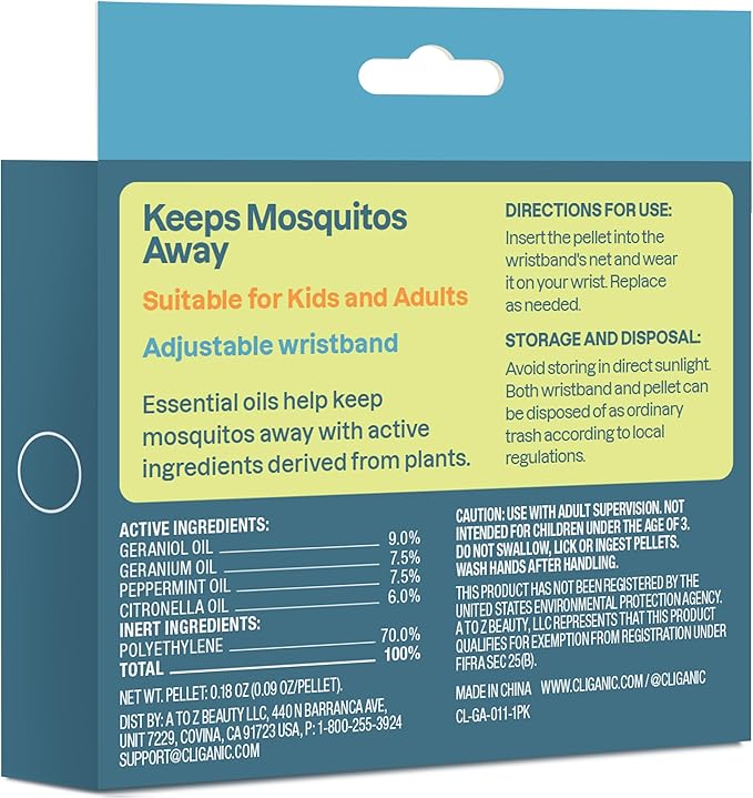 Cliganic Mosquito Repellent Pack (Wristband + 2 Refill Pellets) - Adjustable, Natural DEET-Free, Essential Oil Infused
