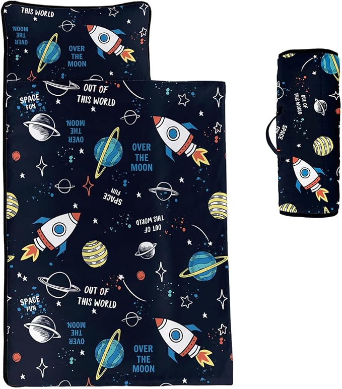 Space Nap Mat - Space Ship Galaxy Sleeping Bag with Removable Pillow - Daycare and Sleepovers Preschool Kindergarten Bedding Set for Kids Toddler Boys Girls