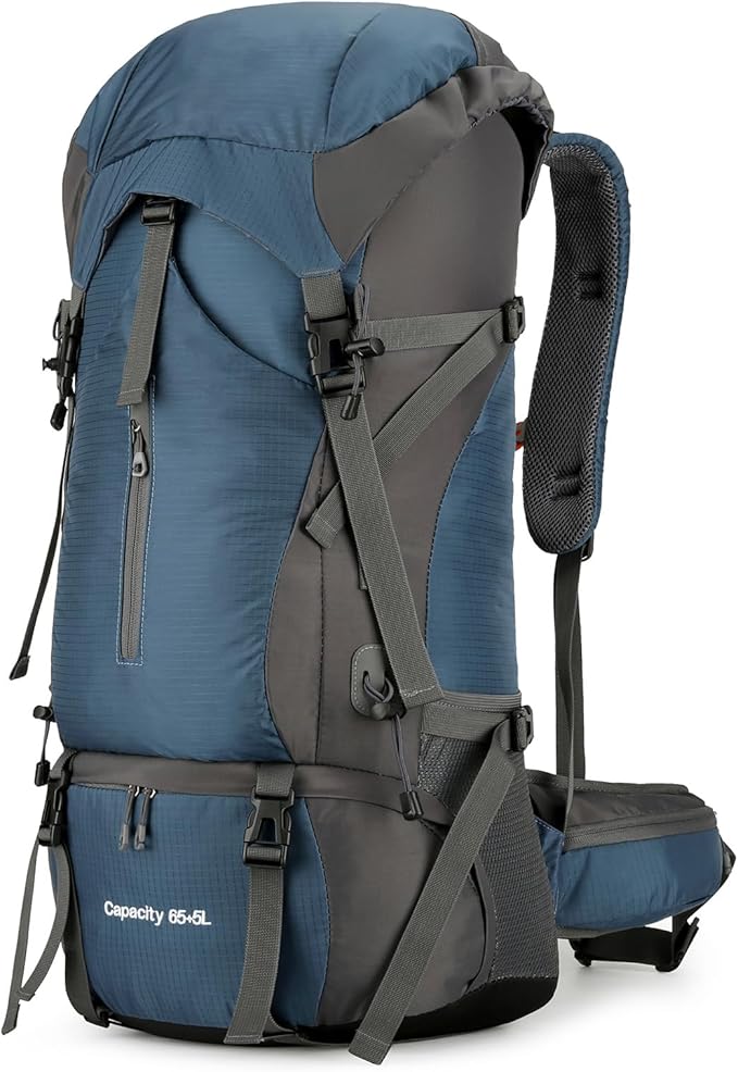 OKYUK 70L Hiking Backpack, Camping Hiking Back Pack, Water Resistant Lightweight Mountain Climbing Bag, Outdoor Camping Sport Daypack with Rain Cover, for Travel, Touring, Cycling (Navy Blue, 70L)