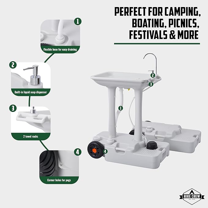Hike Crew XL Portable Camping Sink & Waste Tank | Extra Large Hand Washing Station with 8 Gal Capacity, Hands-Free Foot Pump, Faucet, Soap Dispenser & Towel Rack | Includes 10 Gal Travel Waste Tank