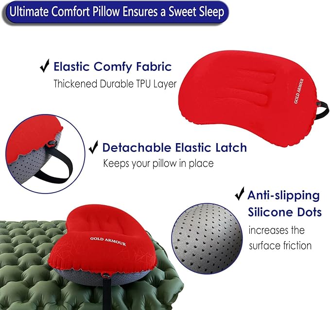 Gold Armour Inflatable Camping Pillow Backpacking Pillow Lightweight Travel Air Pillow Ultralight Ergonomic Pillow Portable for Airplanes with Neck & Lumbar Support (Red)