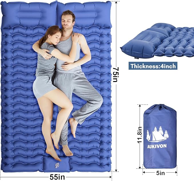 Double Sleeping Pad for Camping with Mini Electric Pump Full Size Sleeping Pad for Camping 2 Person, 4'' Extra Thickness Camping Mattress Pad, 45s Fast Inflation, 75''x55'', Blue