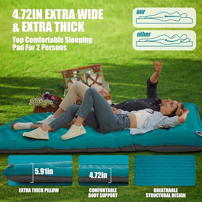 AKSOUL Sleeping Pad Camping Inflatable: Extra Thickness Double Persons Self Inflating Mat with Built-in Foot Pump, Lightweight Ultra-Wide Air Mattress with Pillow for Camping, Backpacking