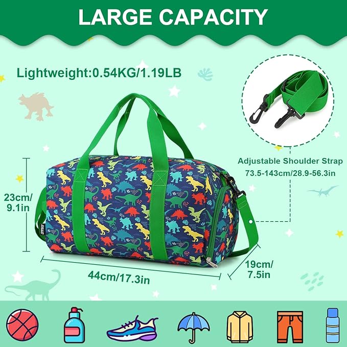 RAVUO Water Resistant Kids Duffel Bag - Overnight Sports Weekender Gym Carry-On Tote Travel Shoulder Bag for Boys with Shoe Compartment and Wet Pocket