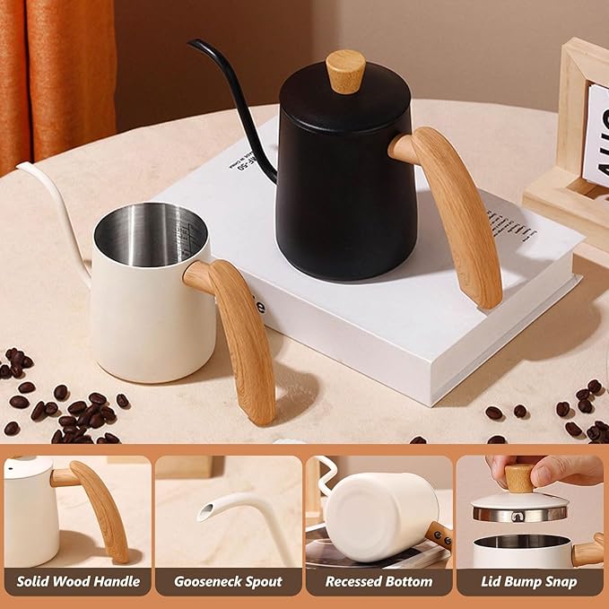 Pour Over Coffee Kettle Gooseneck Tea Pot 304 Stainless Steel Hand Coffee Maker Kettle-Barista Pour Control Design,Wood Handle and Long Narrow Spout Camping Kettle(Color: white,Size:12oz)