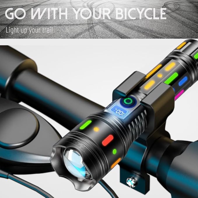 High Powered Handheld Flashlight, Rechargeable LED Flashlights with a Long-range Reach, Colorful Fluorescent Strips Body, Mechanically Zoomable, for Hunting, Searching, Fishing, Exploring, Camping