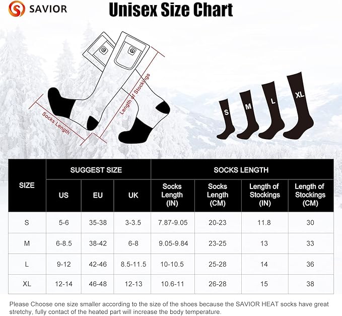 Heated Socks for Men Women, SAVIOR HEAT Electric Rechargeable Battery Thick Long Ski Socks for Winter Cold Weather Hunting Hiking Camping Skating Motorcycle Cycling Fishing