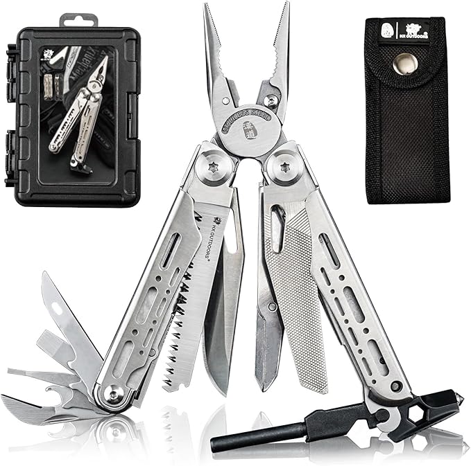 HX OUTDOORS 19 In 1 Multi Tool Pocket Knife Set, Stainless Steel Multitool Pliers with Fire Starter and Glass Breaker, Folding EDC Camping Survival Tools for Men (Silver)