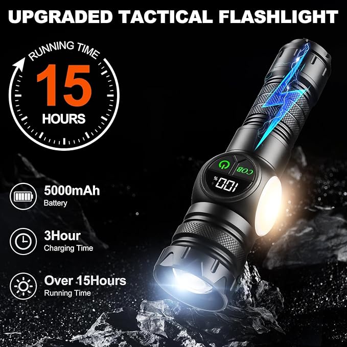 5000mAh Rechargeable Flashlight USB 5000 Lumens Outdoor Strong Cob Light, Zoomable Beam LED Flash Light with Magnet 9 Light Modes and SOS for Emergencies, Home, Camping, Hiking, Pet Walking