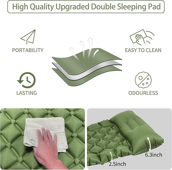 Single Sleeping Pad for Camping, Ultralight Inflatable Sleeping Mat with Pillow and Built-in Foot Pump, Portable Camping Mattress for Tent, Backpacking, Hiking, Traveling(Green)