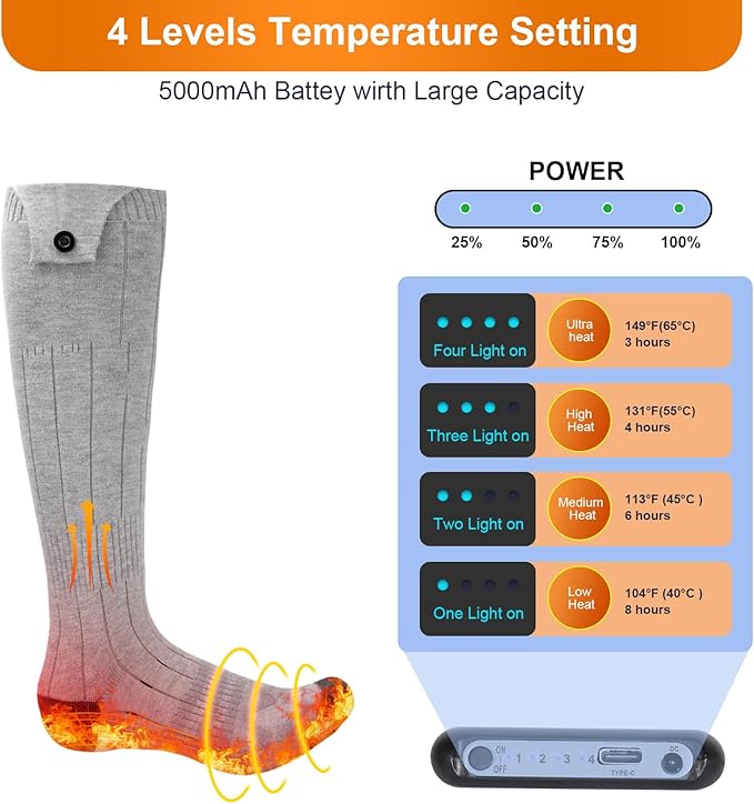 Heated Socks, Heated Socks for Women Men, 5000mAh Rechargeable Electric Heated Socks Up to 8 Hours, Washable Winter Warm Socks for Outdoors Work Fishing Hunting Skiing Cycling Hiking Camping