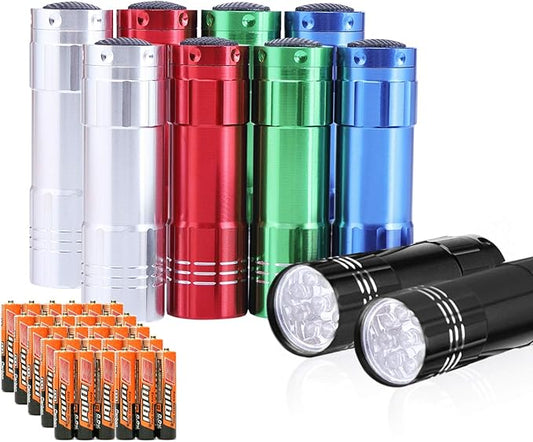 10 Pack of Flashlights 9 LED Mini Aluminum Flashlight Bulk with Lanyard 30 AAA Batteries Included Assorted Colors Handheld Flashlights for Hurricane Supplies Camping, Night Reading, Cycling