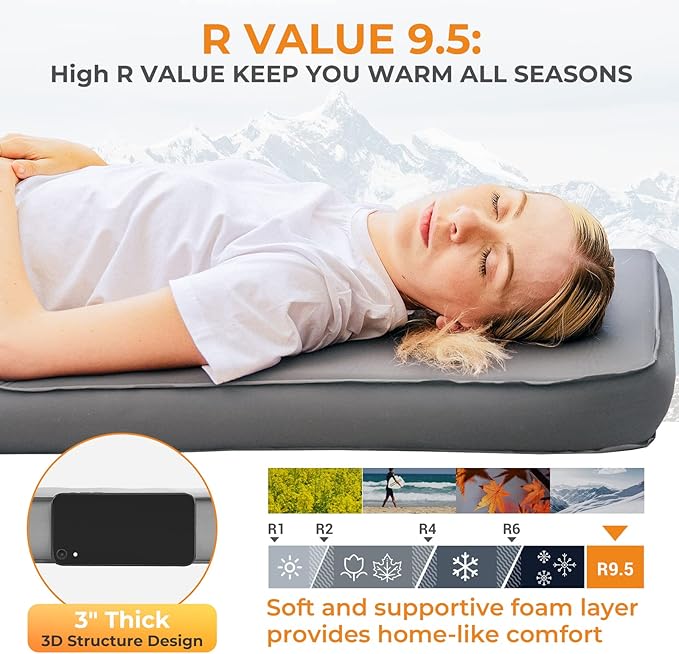 KingCamp Self Inflating Sleeping Pad for Camping Ultra Thick Double Single Foam Mattress High R Value Camping Air Pad Mat, Multi Colors & Sizes