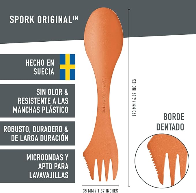Light My Fire Spork Original 3-in-1 Camping Spoon Fork Knife Combo Reusable Travel & Camping Utensils Lunch Spork Outdoor Backpacking Hiking Picnic Utensil BPA Free, 2-Pack Orange/Black