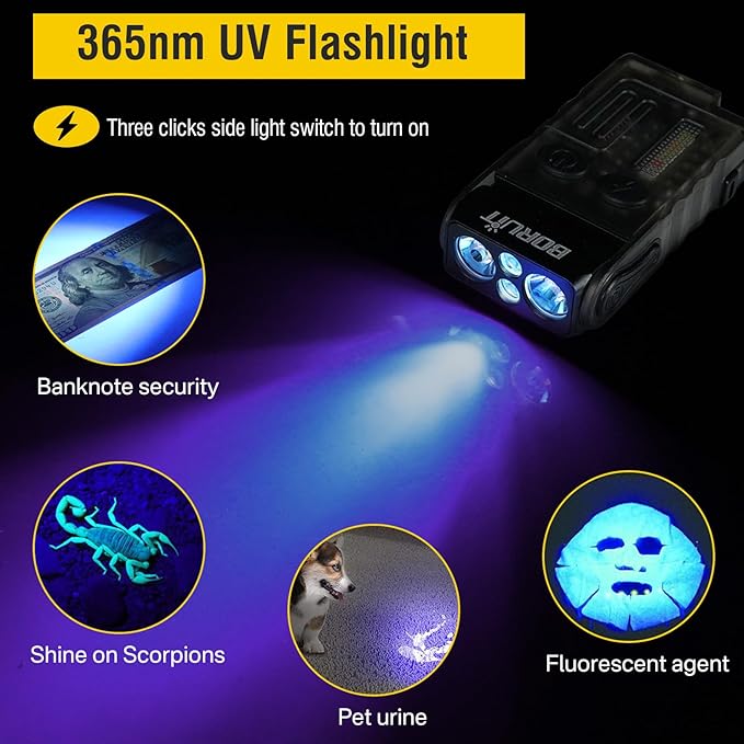 BORUIT V20 Small Powerful Flashlight 1000LM with 365nm UV, Red Blue Green Warm Light, 180° Swivels, 110dB Buzzer - Mini Keychain Pocket Rechargeable LED Flashlights USB EDC Clip Flash Light Black