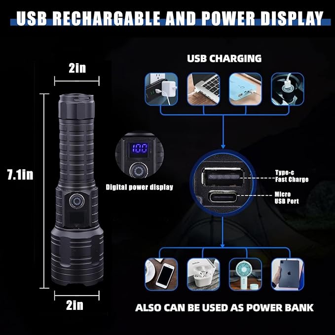 Flashlights High Lumens 10000Lumen Flashlight 5 Modes Power Display IP44 Waterproof, Zoomable High Power Flashlight for Camping Hiking Gift, Flashlights for Emergencies(7.1 * 2)(Battery Free)