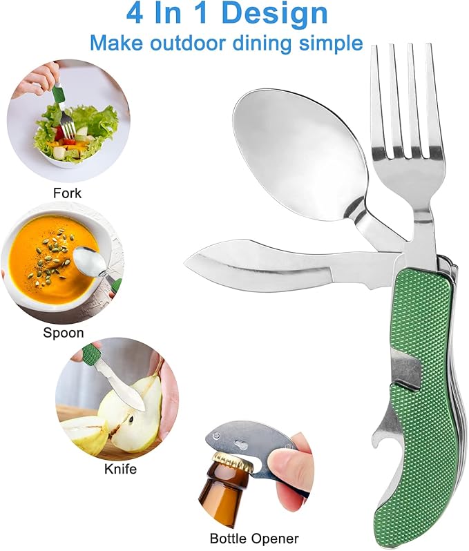 5 Pack Camping Utensils, 4-in-1 Portable Stainless Steel Cutlery with Fork, Spoon, Knife, and Bottle Opener - Lightweight, Detachable, and Durable Camping Silverware for Outdoor Events and Adventures