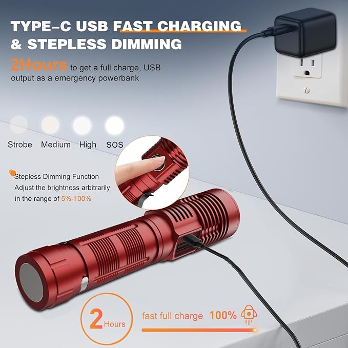 Small Tactical Flashlights 20000 High Lumens - 1500 Meters Long Beam Super Bright LED Magnetic Flashlight USB Rechargeable Zoomable 5Modes Long Beam Spotlight Flashlight for Hiking, Camping-Red
