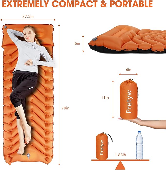 Sleeping Pad for Camping - Ultralight Camping Mattress with Pillow, Built-in Foot Pump, Compact Self-Inflatable Portable Camping Mat for Backpacking, Hiking, Car Traveling, Beach, Tent