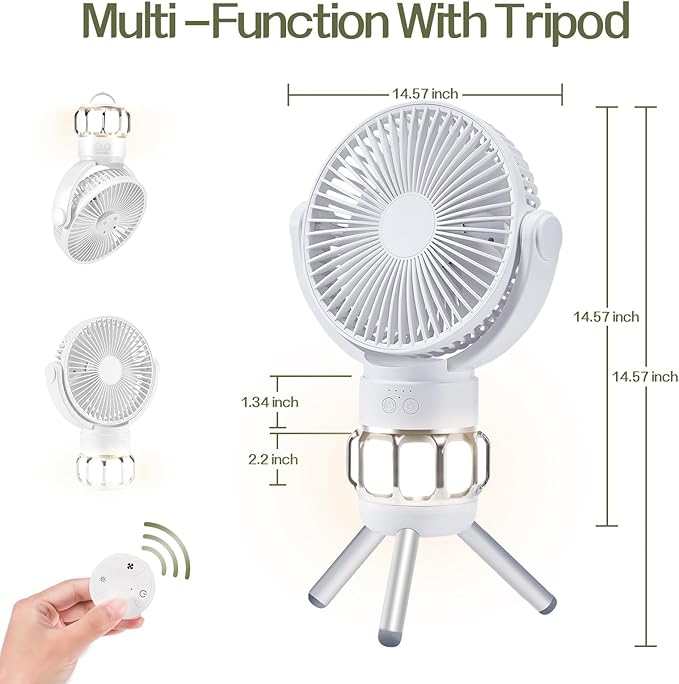 3-in-1 Portable Camping Battery Powered Fan with LED Lantern, Fan 8H Timer 270°Rotation Battery Operated Fan, 10400mAh Rechargeable USB Desk Beach Fan with Hook&Tripod, Super Quiet