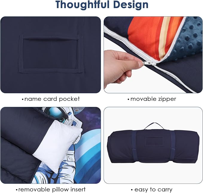 Kids Sleeping Bag Nap Mat with Removable Pillow and Blanket,Extra Thick Large 2 in 1 Slumber Bags for Boys Girls,Toddler Nap Mat for Preschool Daycare Travel Camping